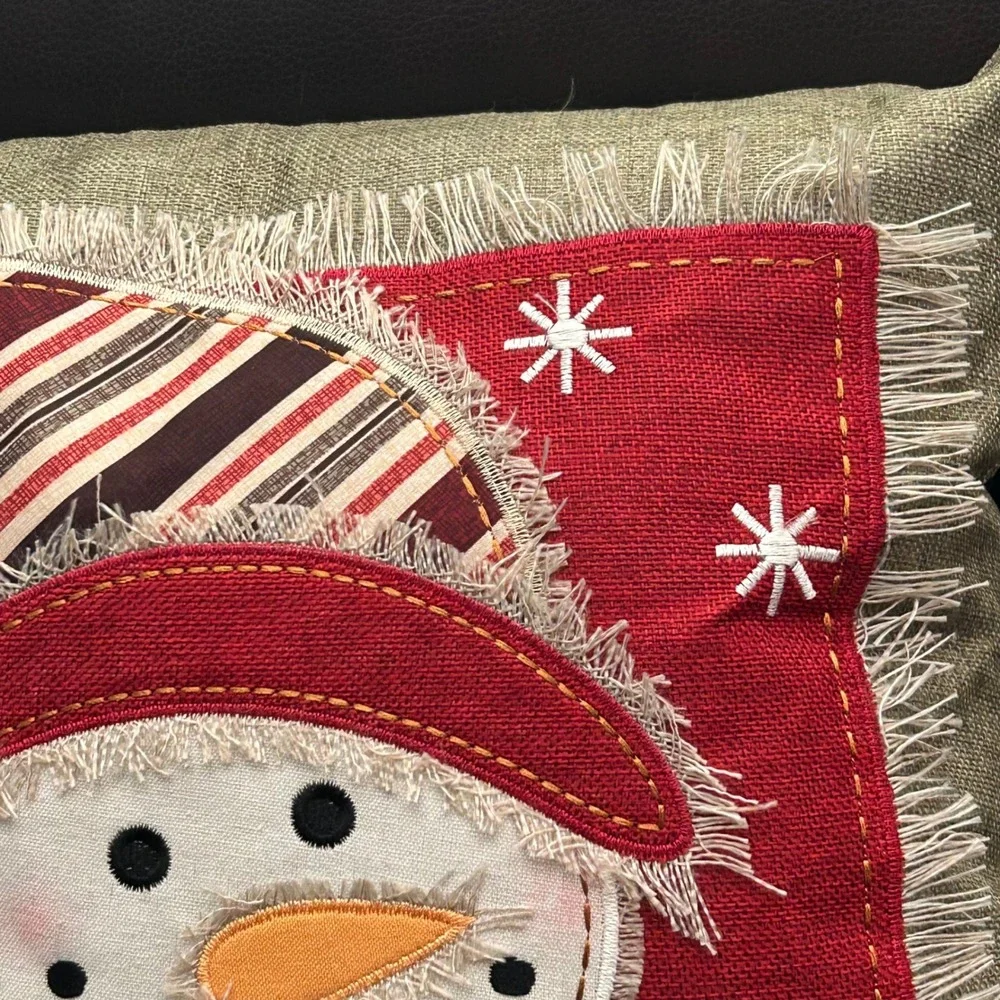 Christmas Snowman Throw Pillow 16x16 Rustic Applique Embroidered Holiday Decor
